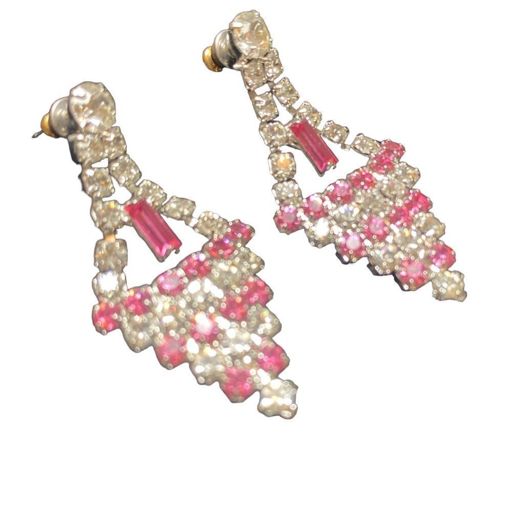 Vintage Dangling Pink And Clear Rhinestone Earrings NWT
